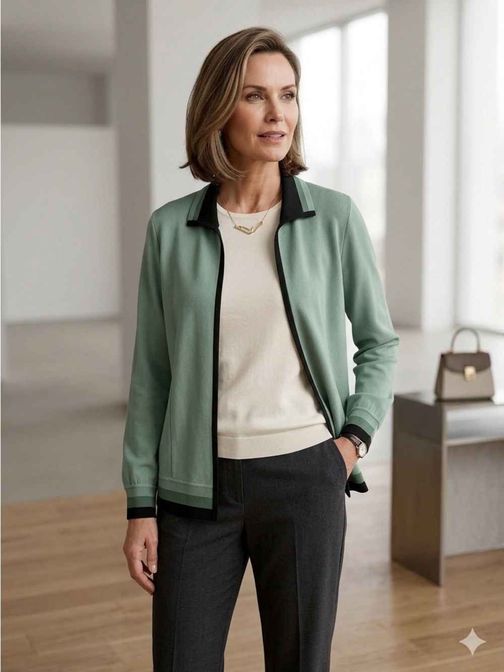 Misook Sage Green Open-Front Jacket with Black Trim 100% Acrylic Size S